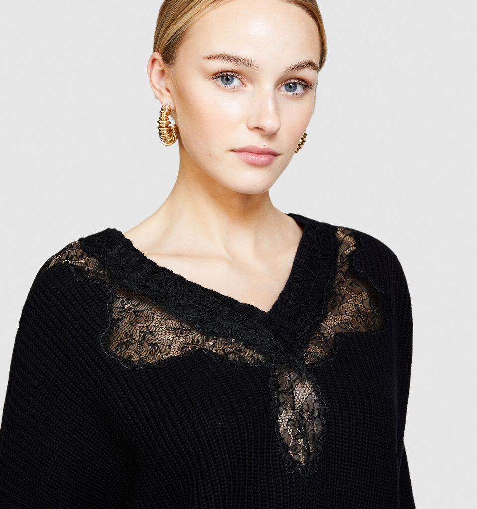 Sweater with lace - women's v-neck sweaters - Black | Sisley image number 5